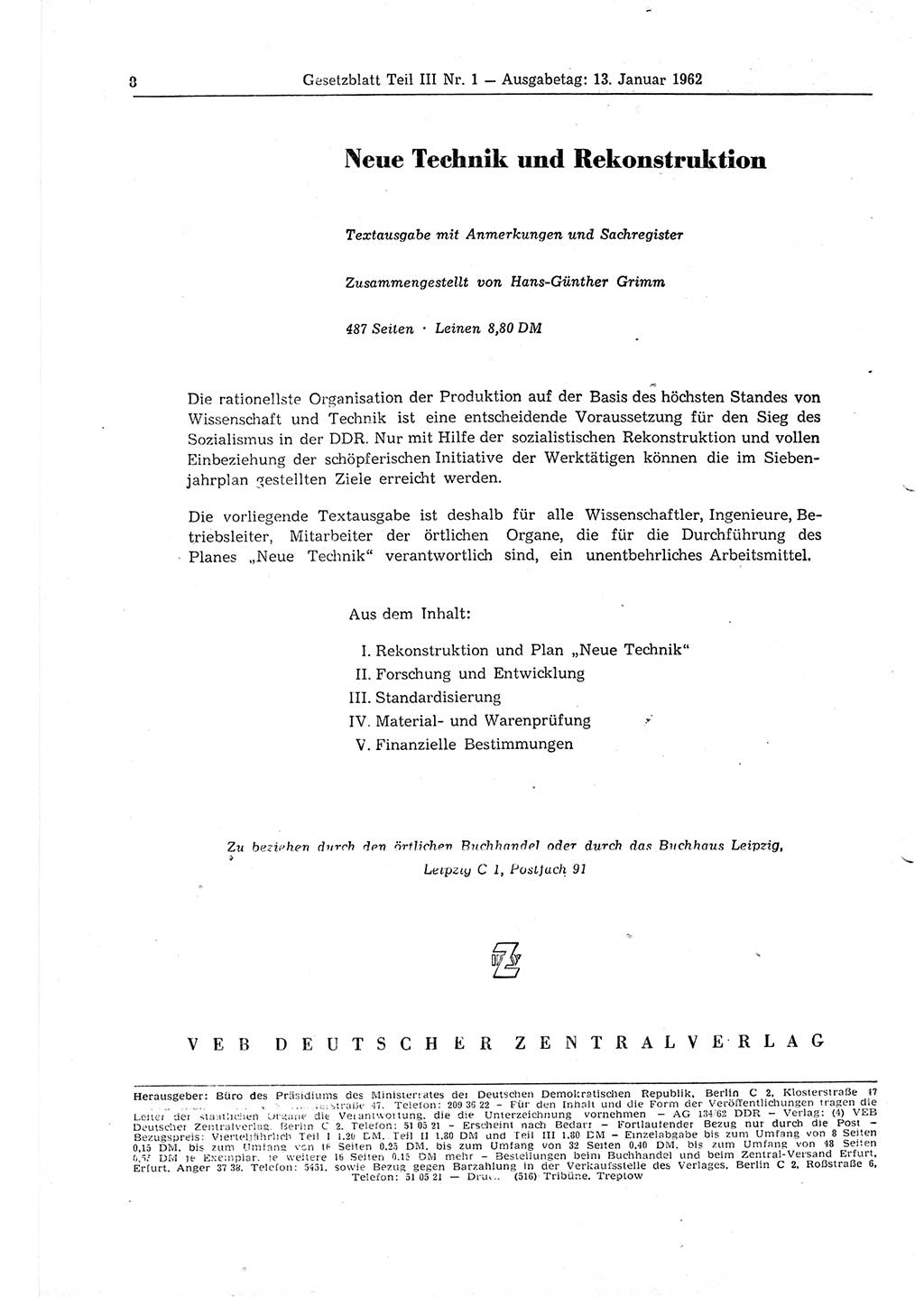 Gesetzblatt (GBl.) der Deutschen Demokratischen Republik (DDR) Teil ⅠⅠⅠ 1962, Seite 8 (GBl. DDR ⅠⅠⅠ 1962, S. 8)