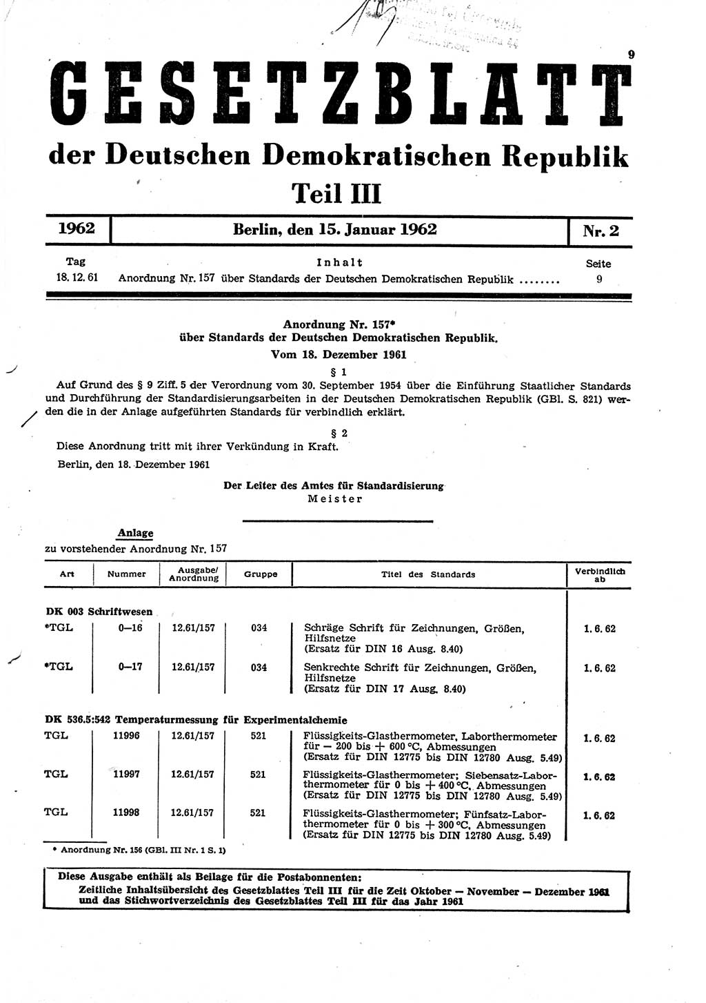 Gesetzblatt (GBl.) der Deutschen Demokratischen Republik (DDR) Teil ⅠⅠⅠ 1962, Seite 9 (GBl. DDR ⅠⅠⅠ 1962, S. 9)