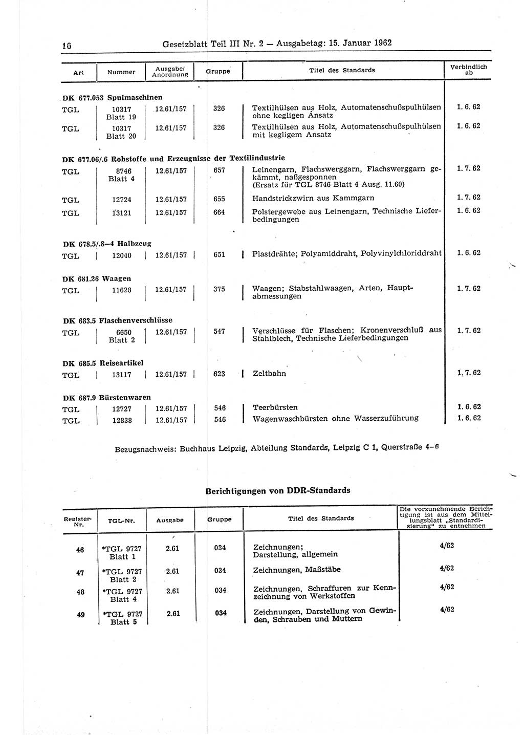 Gesetzblatt (GBl.) der Deutschen Demokratischen Republik (DDR) Teil ⅠⅠⅠ 1962, Seite 16 (GBl. DDR ⅠⅠⅠ 1962, S. 16)