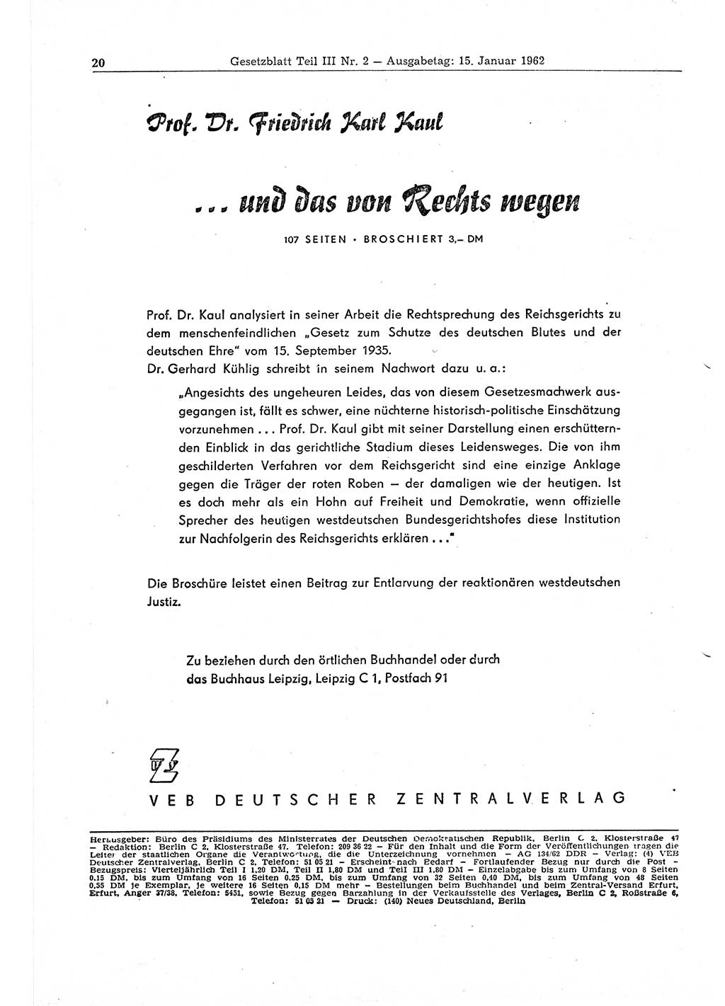 Gesetzblatt (GBl.) der Deutschen Demokratischen Republik (DDR) Teil ⅠⅠⅠ 1962, Seite 20 (GBl. DDR ⅠⅠⅠ 1962, S. 20)