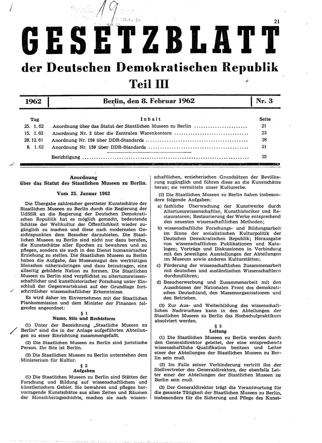 Gesetzblatt (GBl.) der Deutschen Demokratischen Republik (DDR) Teil â… â… â… 1962, Seite 21 (GBl. DDR â… â… â… 1962, S. 21)