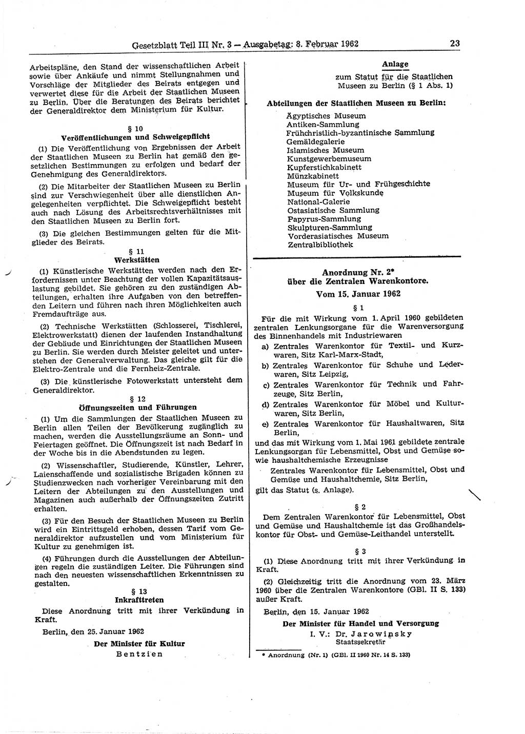 Gesetzblatt (GBl.) der Deutschen Demokratischen Republik (DDR) Teil ⅠⅠⅠ 1962, Seite 23 (GBl. DDR ⅠⅠⅠ 1962, S. 23)