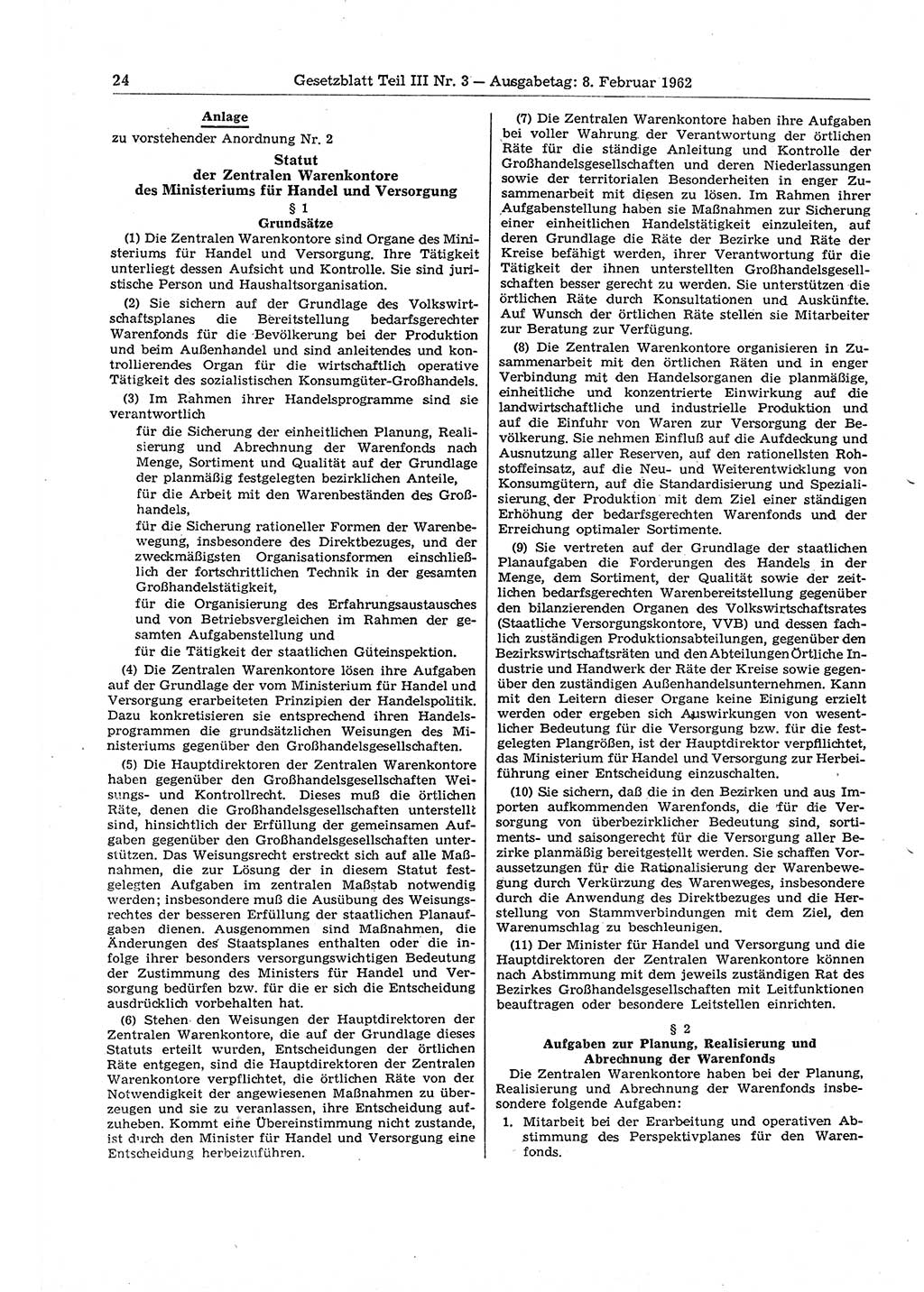 Gesetzblatt (GBl.) der Deutschen Demokratischen Republik (DDR) Teil ⅠⅠⅠ 1962, Seite 24 (GBl. DDR ⅠⅠⅠ 1962, S. 24)