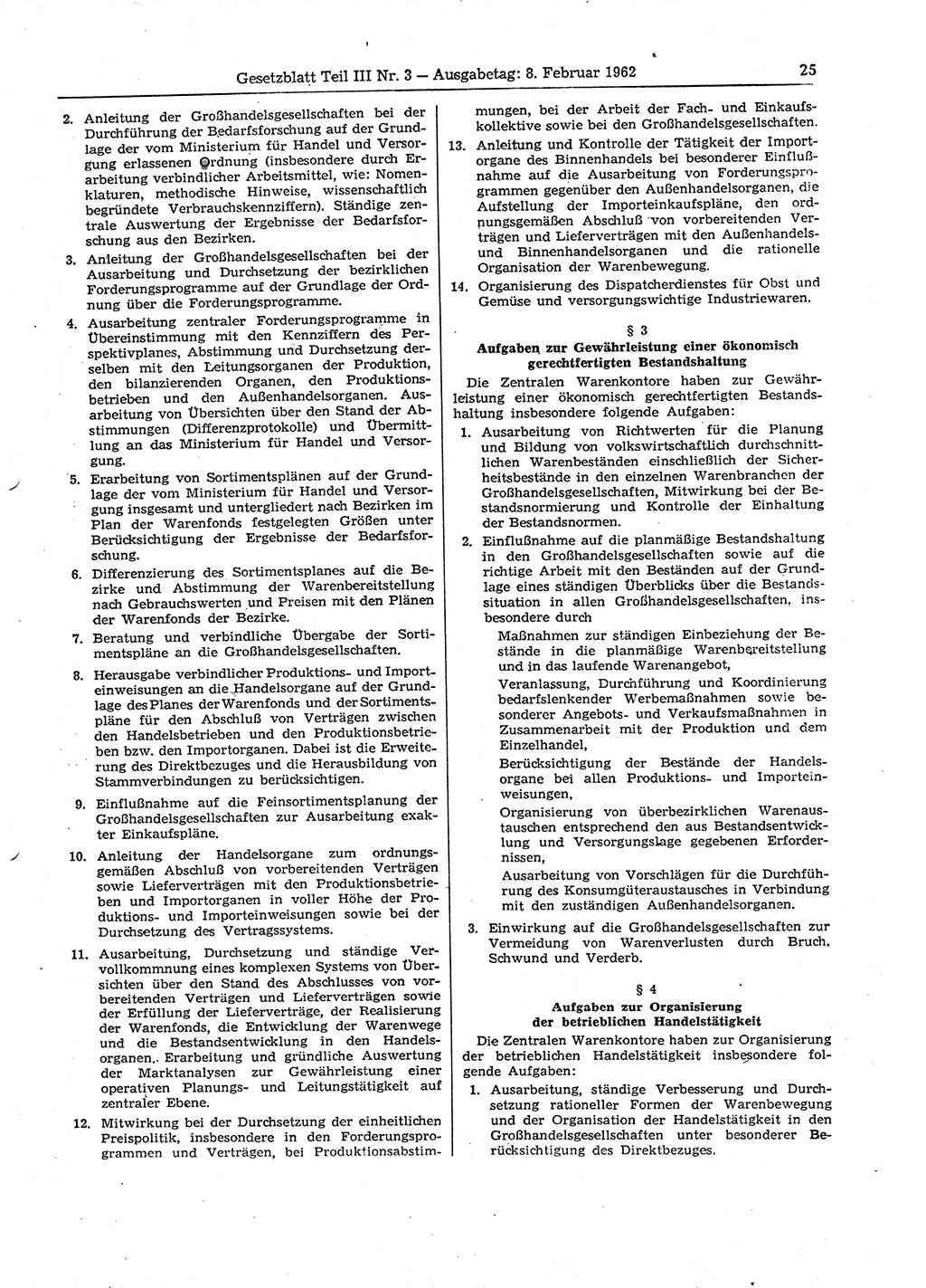 Gesetzblatt (GBl.) der Deutschen Demokratischen Republik (DDR) Teil ⅠⅠⅠ 1962, Seite 25 (GBl. DDR ⅠⅠⅠ 1962, S. 25)