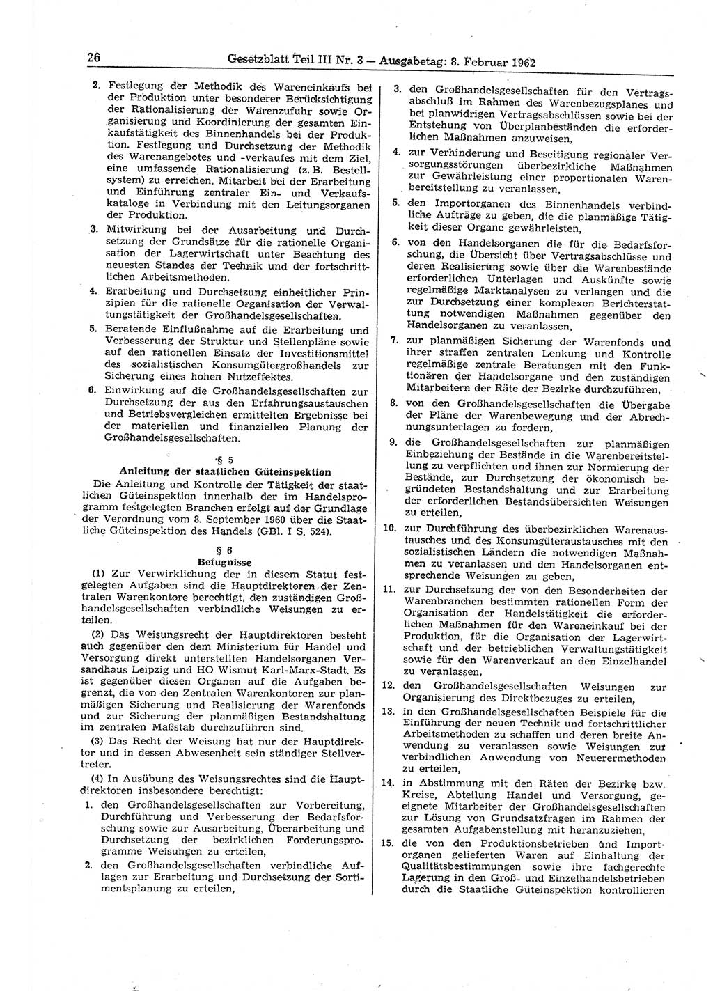 Gesetzblatt (GBl.) der Deutschen Demokratischen Republik (DDR) Teil ⅠⅠⅠ 1962, Seite 26 (GBl. DDR ⅠⅠⅠ 1962, S. 26)