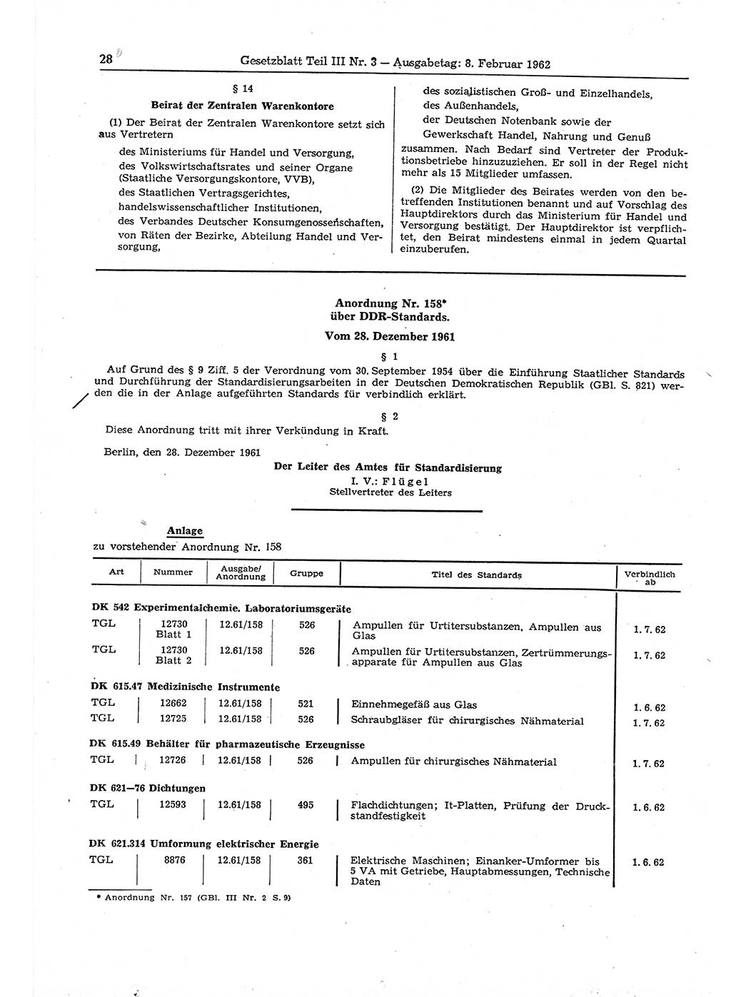 Gesetzblatt (GBl.) der Deutschen Demokratischen Republik (DDR) Teil ⅠⅠⅠ 1962, Seite 28 (GBl. DDR ⅠⅠⅠ 1962, S. 28)