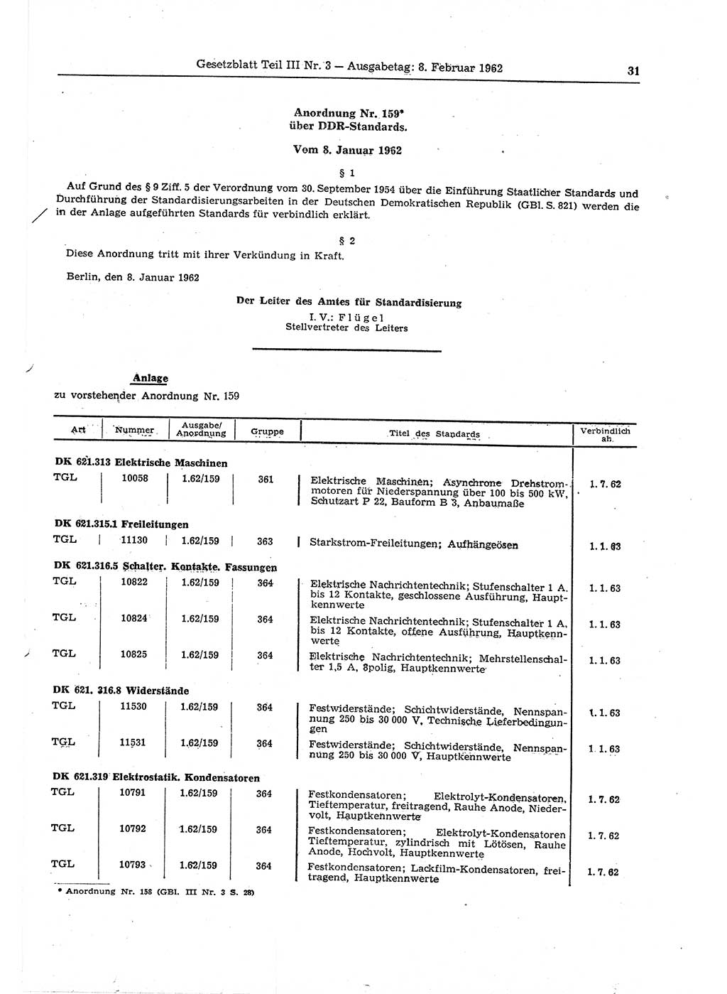 Gesetzblatt (GBl.) der Deutschen Demokratischen Republik (DDR) Teil ⅠⅠⅠ 1962, Seite 31 (GBl. DDR ⅠⅠⅠ 1962, S. 31)
