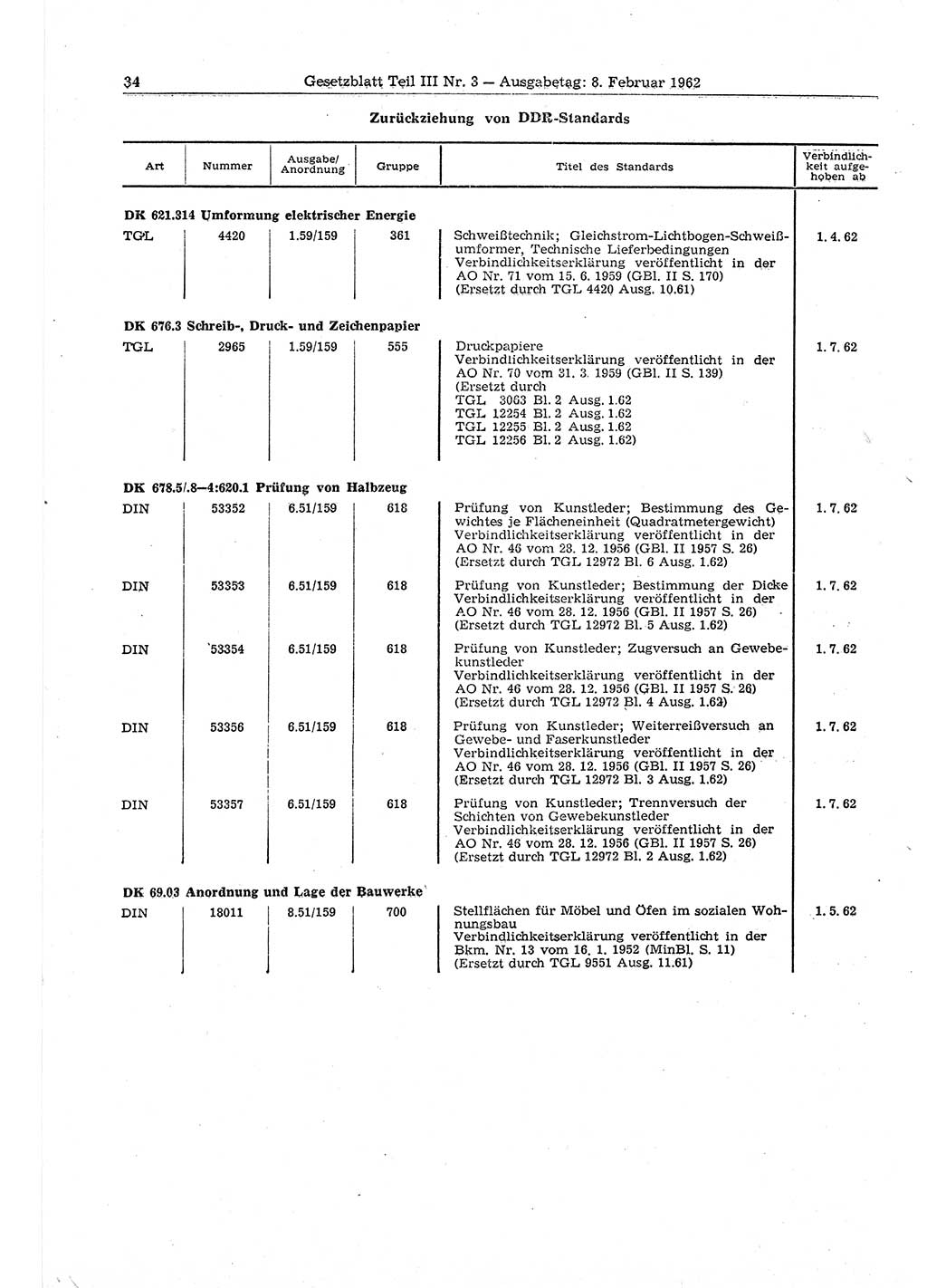 Gesetzblatt (GBl.) der Deutschen Demokratischen Republik (DDR) Teil ⅠⅠⅠ 1962, Seite 34 (GBl. DDR ⅠⅠⅠ 1962, S. 34)
