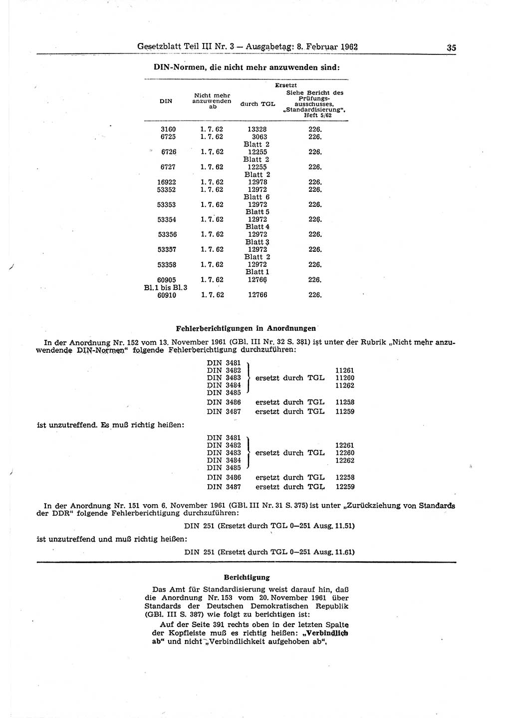 Gesetzblatt (GBl.) der Deutschen Demokratischen Republik (DDR) Teil ⅠⅠⅠ 1962, Seite 35 (GBl. DDR ⅠⅠⅠ 1962, S. 35)