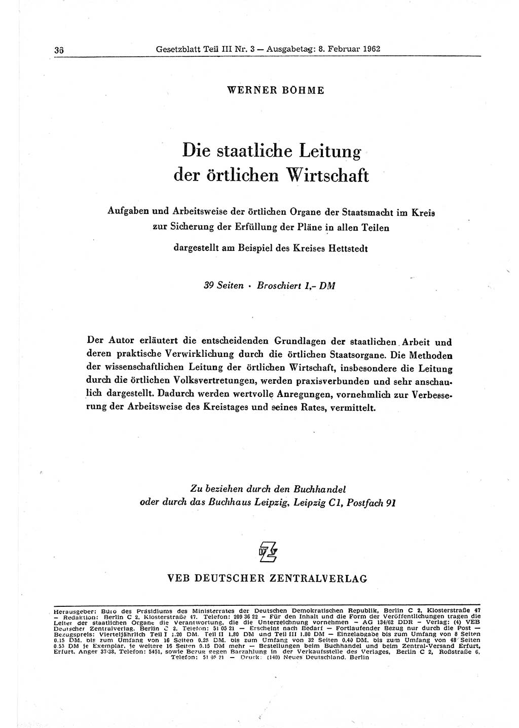 Gesetzblatt (GBl.) der Deutschen Demokratischen Republik (DDR) Teil ⅠⅠⅠ 1962, Seite 36 (GBl. DDR ⅠⅠⅠ 1962, S. 36)