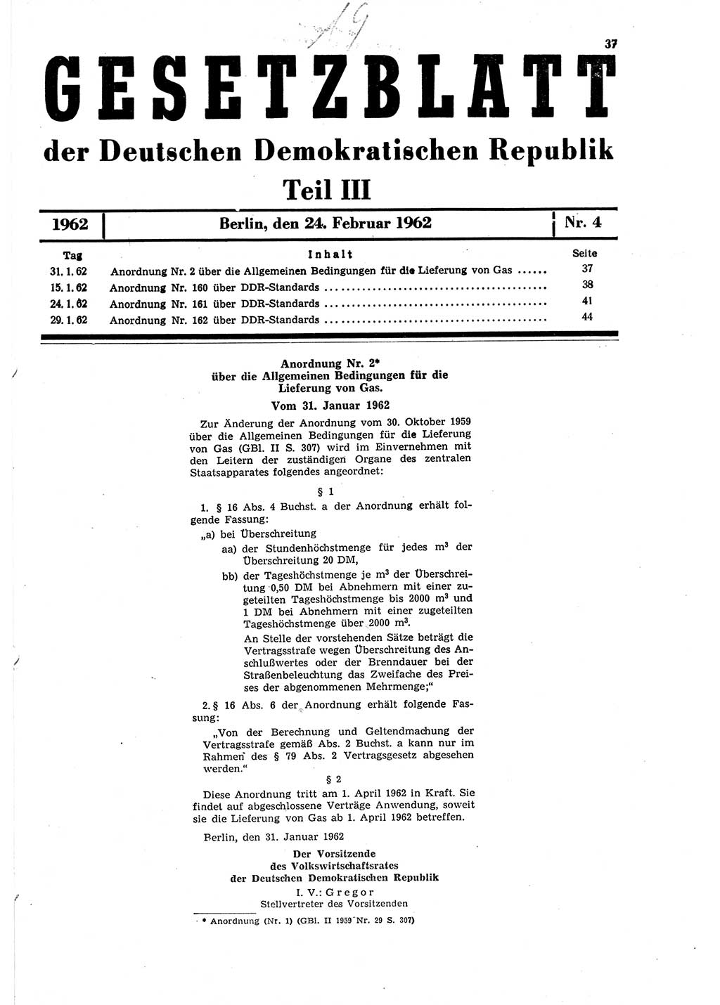 Gesetzblatt (GBl.) der Deutschen Demokratischen Republik (DDR) Teil ⅠⅠⅠ 1962, Seite 37 (GBl. DDR ⅠⅠⅠ 1962, S. 37)