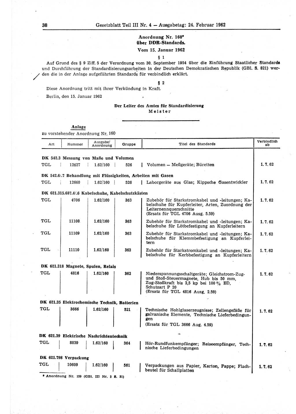 Gesetzblatt (GBl.) der Deutschen Demokratischen Republik (DDR) Teil ⅠⅠⅠ 1962, Seite 38 (GBl. DDR ⅠⅠⅠ 1962, S. 38)
