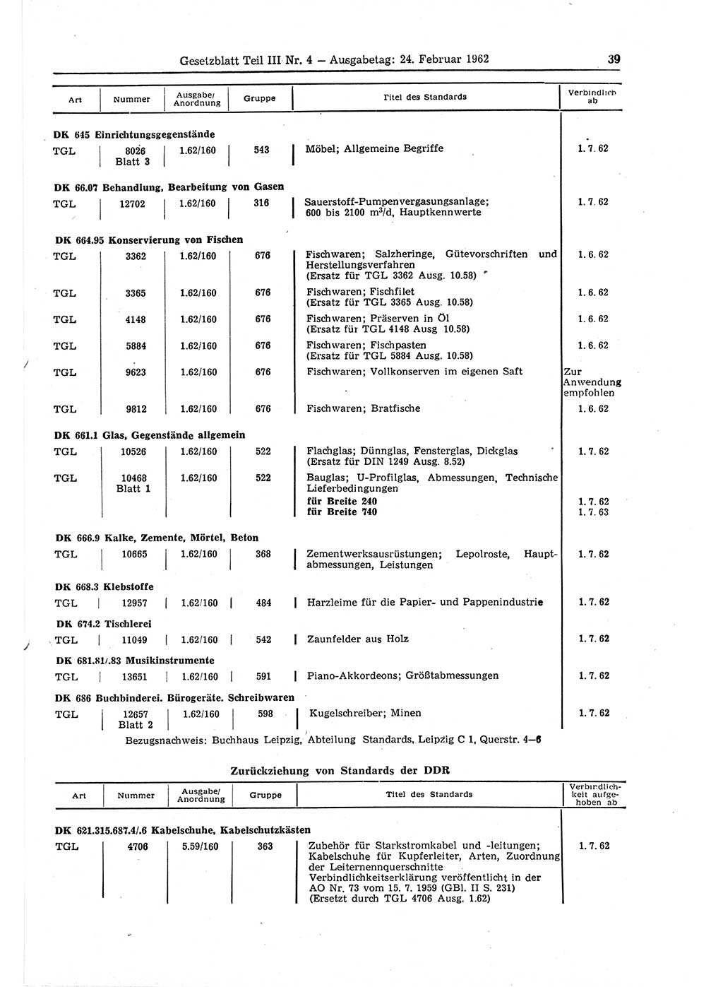 Gesetzblatt (GBl.) der Deutschen Demokratischen Republik (DDR) Teil ⅠⅠⅠ 1962, Seite 39 (GBl. DDR ⅠⅠⅠ 1962, S. 39)