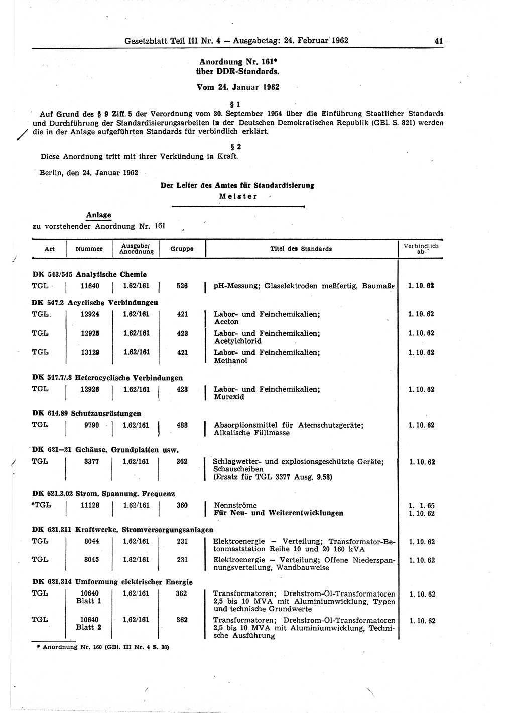 Gesetzblatt (GBl.) der Deutschen Demokratischen Republik (DDR) Teil ⅠⅠⅠ 1962, Seite 41 (GBl. DDR ⅠⅠⅠ 1962, S. 41)