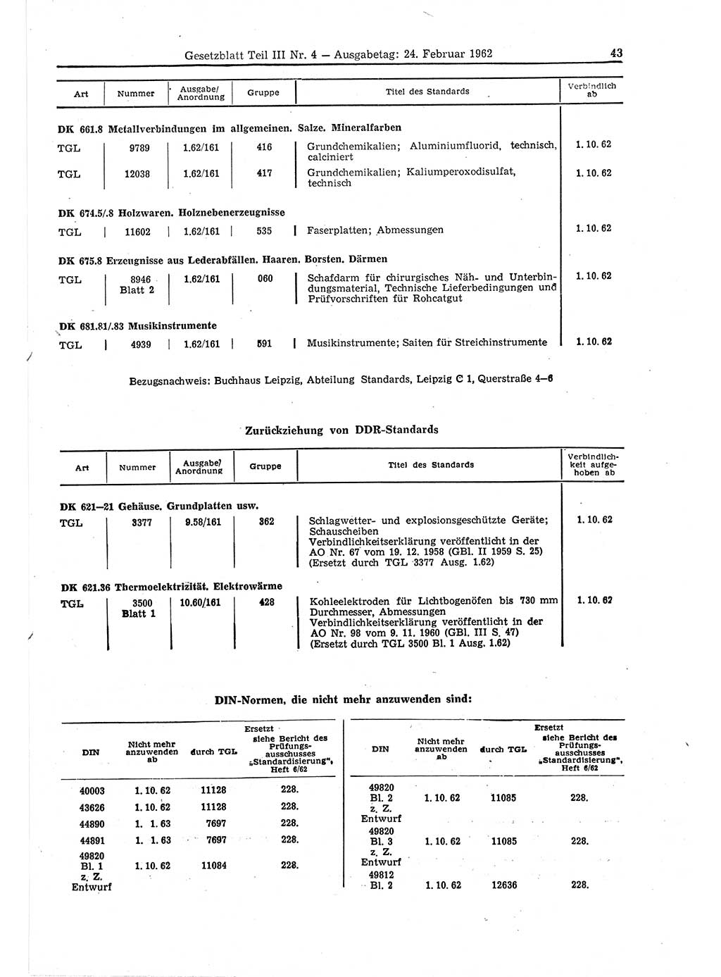 Gesetzblatt (GBl.) der Deutschen Demokratischen Republik (DDR) Teil ⅠⅠⅠ 1962, Seite 43 (GBl. DDR ⅠⅠⅠ 1962, S. 43)