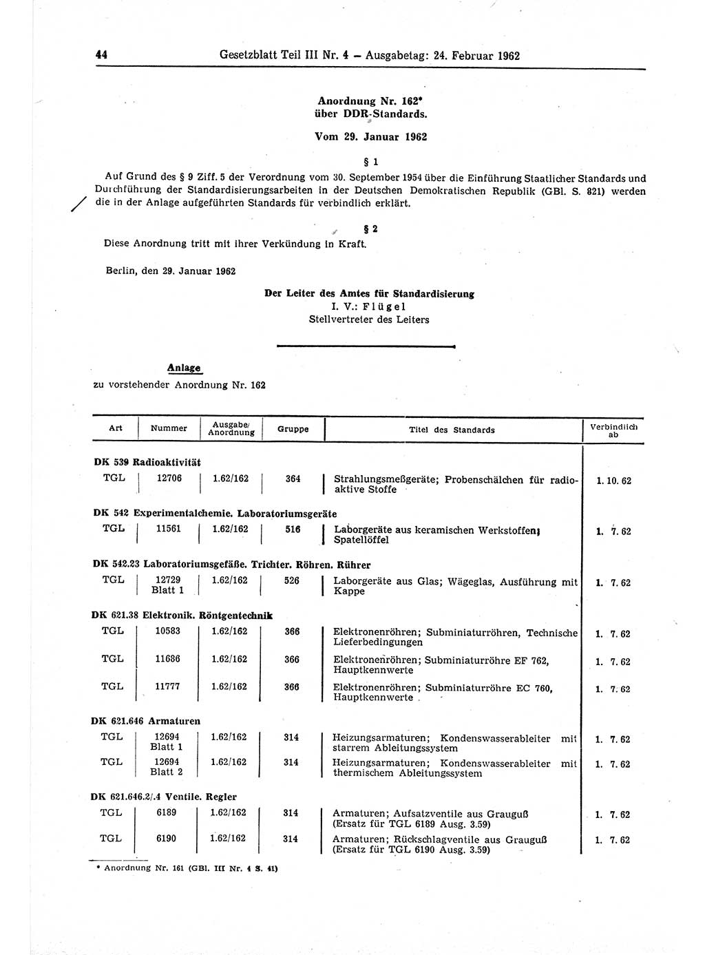 Gesetzblatt (GBl.) der Deutschen Demokratischen Republik (DDR) Teil ⅠⅠⅠ 1962, Seite 44 (GBl. DDR ⅠⅠⅠ 1962, S. 44)