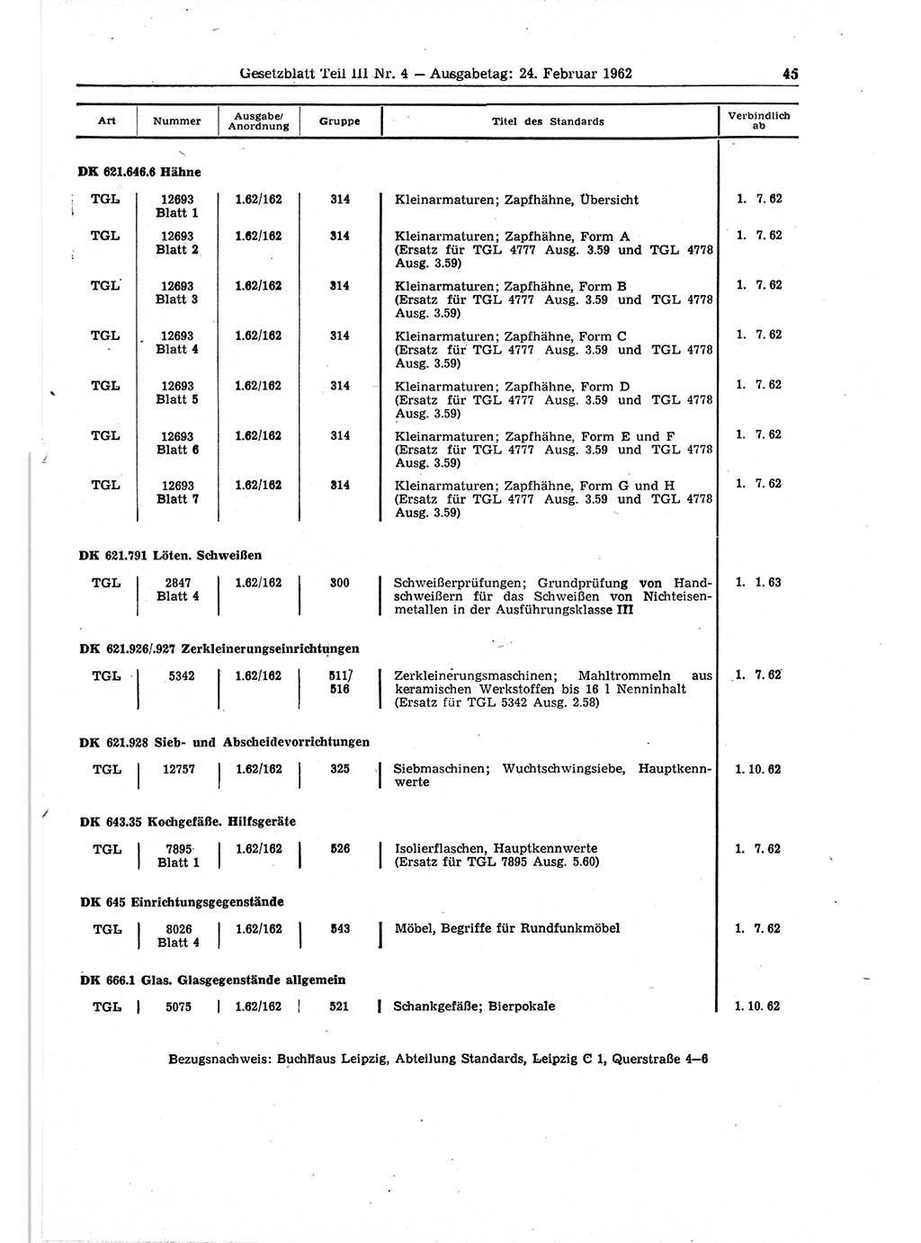 Gesetzblatt (GBl.) der Deutschen Demokratischen Republik (DDR) Teil ⅠⅠⅠ 1962, Seite 45 (GBl. DDR ⅠⅠⅠ 1962, S. 45)