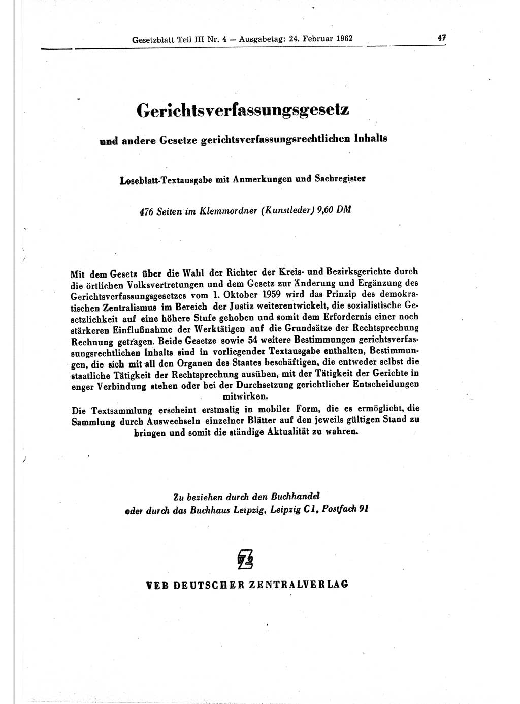 Gesetzblatt (GBl.) der Deutschen Demokratischen Republik (DDR) Teil ⅠⅠⅠ 1962, Seite 47 (GBl. DDR ⅠⅠⅠ 1962, S. 47)