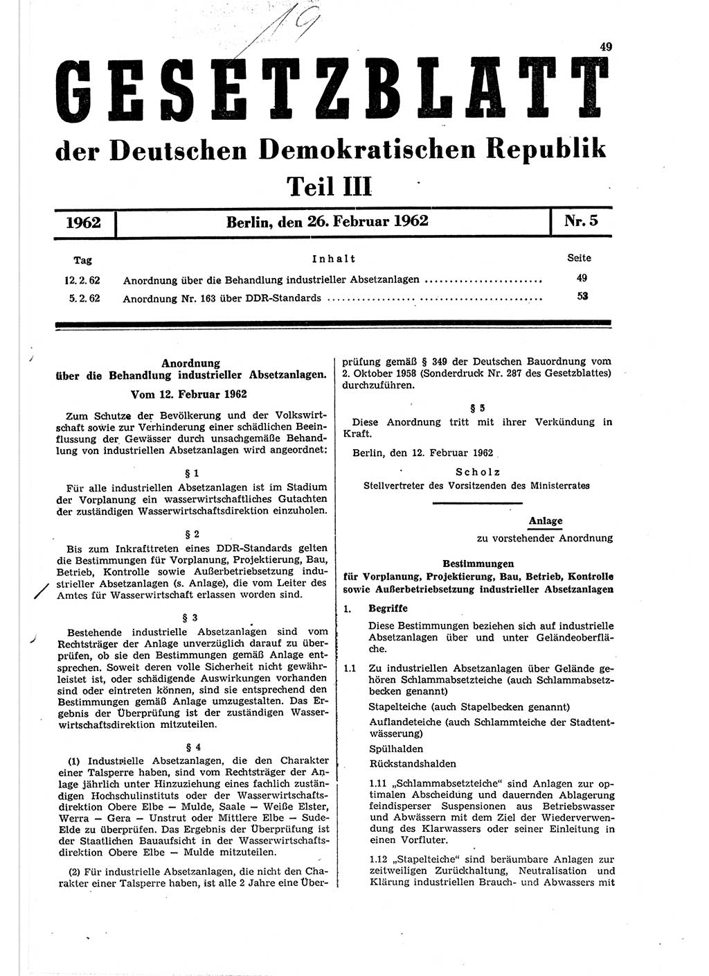 Gesetzblatt (GBl.) der Deutschen Demokratischen Republik (DDR) Teil ⅠⅠⅠ 1962, Seite 49 (GBl. DDR ⅠⅠⅠ 1962, S. 49)