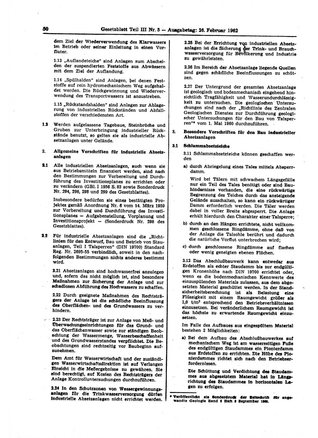 Gesetzblatt (GBl.) der Deutschen Demokratischen Republik (DDR) Teil ⅠⅠⅠ 1962, Seite 50 (GBl. DDR ⅠⅠⅠ 1962, S. 50)