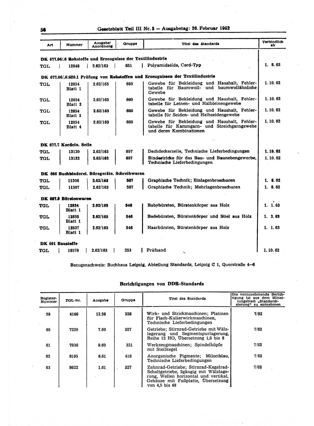 Gesetzblatt (GBl.) der Deutschen Demokratischen Republik (DDR) Teil ⅠⅠⅠ 1962, Seite 56 (GBl. DDR ⅠⅠⅠ 1962, S. 56)