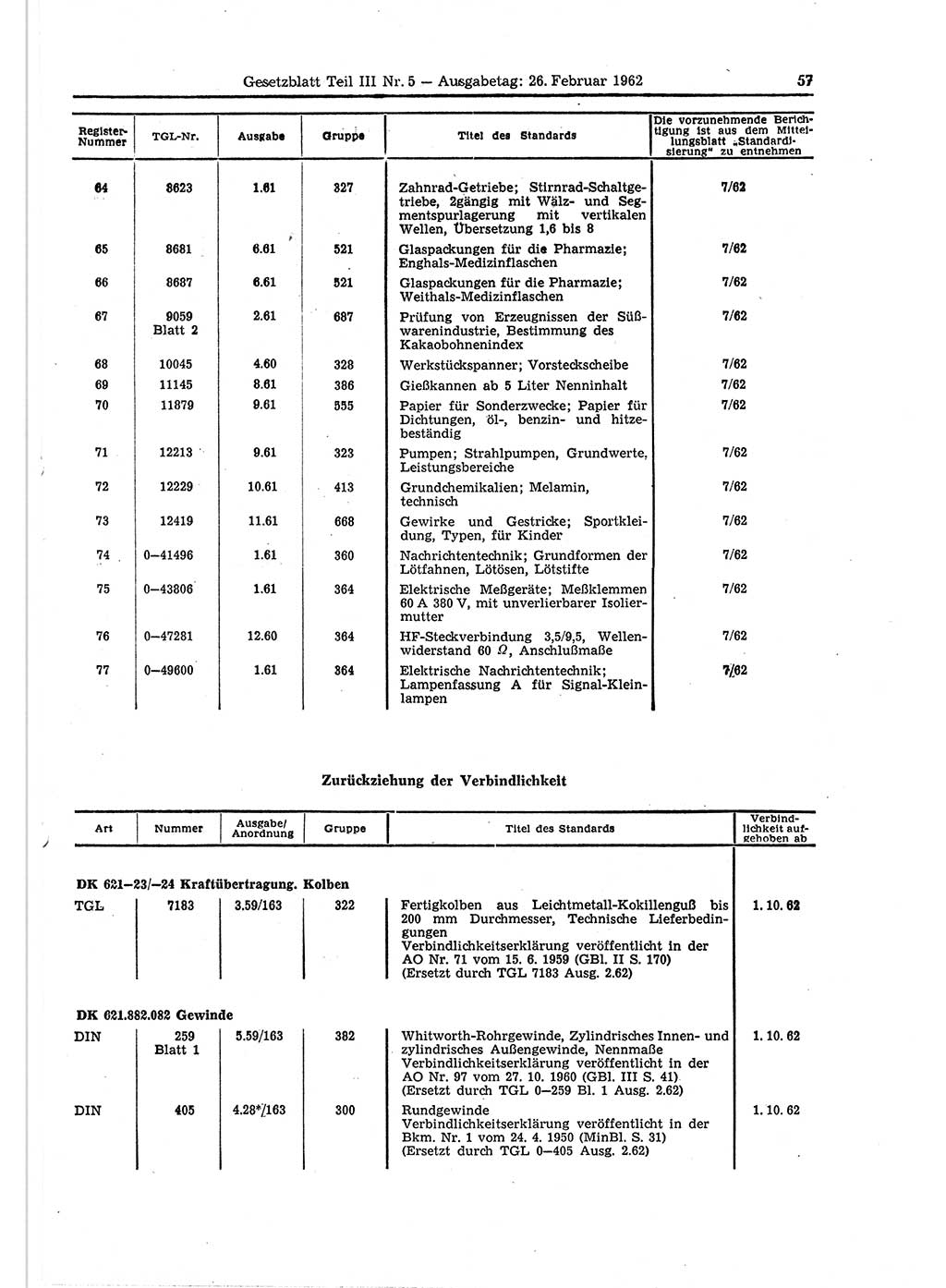Gesetzblatt (GBl.) der Deutschen Demokratischen Republik (DDR) Teil ⅠⅠⅠ 1962, Seite 57 (GBl. DDR ⅠⅠⅠ 1962, S. 57)