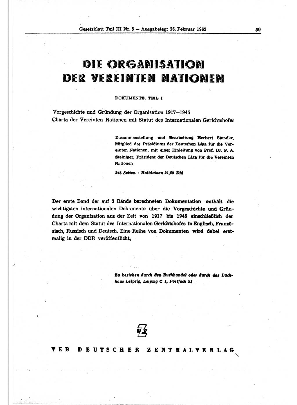 Gesetzblatt (GBl.) der Deutschen Demokratischen Republik (DDR) Teil ⅠⅠⅠ 1962, Seite 59 (GBl. DDR ⅠⅠⅠ 1962, S. 59)