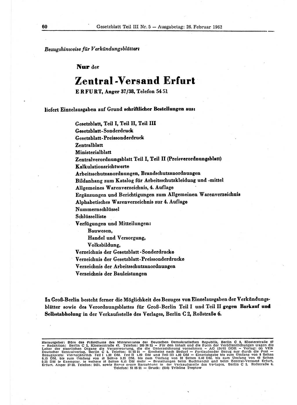 Gesetzblatt (GBl.) der Deutschen Demokratischen Republik (DDR) Teil ⅠⅠⅠ 1962, Seite 60 (GBl. DDR ⅠⅠⅠ 1962, S. 60)