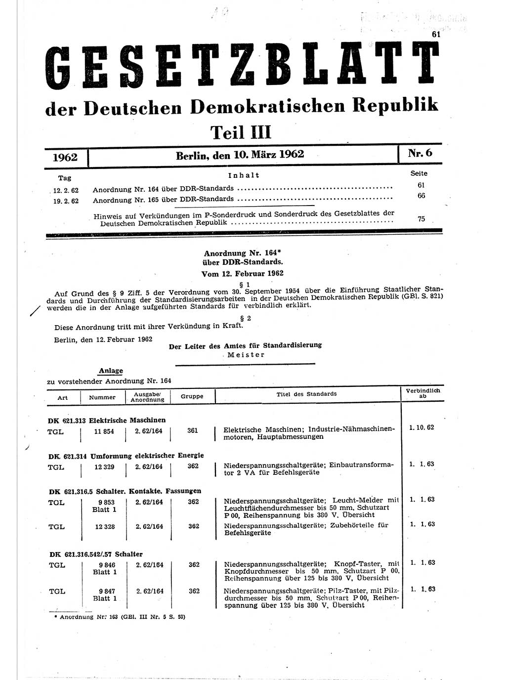 Gesetzblatt (GBl.) der Deutschen Demokratischen Republik (DDR) Teil ⅠⅠⅠ 1962, Seite 61 (GBl. DDR ⅠⅠⅠ 1962, S. 61)