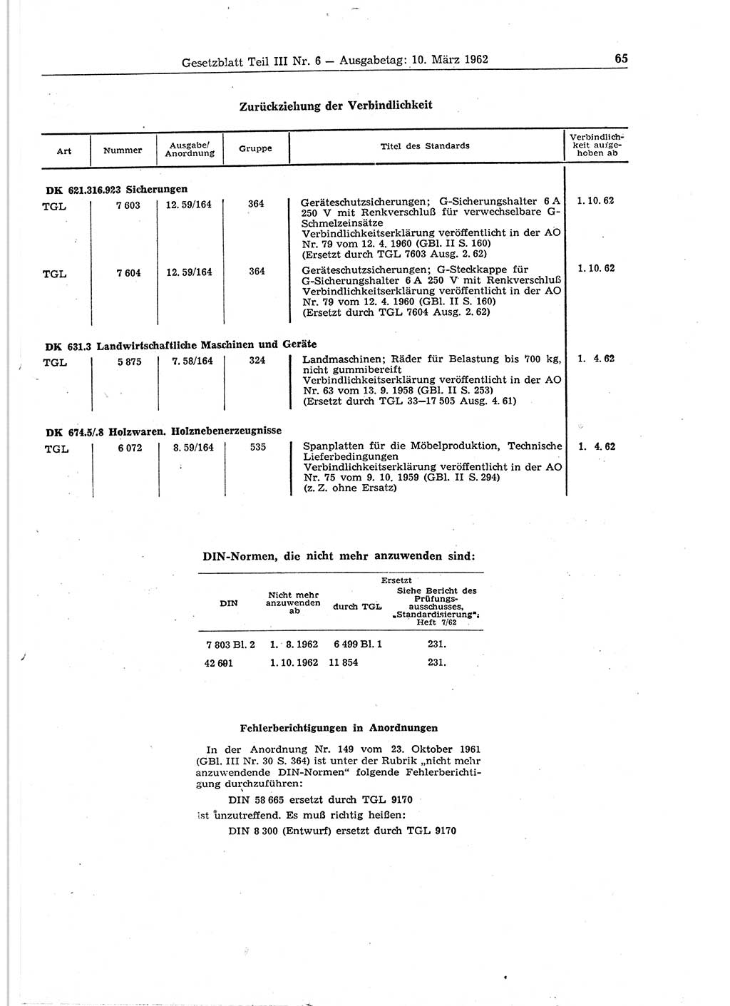 Gesetzblatt (GBl.) der Deutschen Demokratischen Republik (DDR) Teil ⅠⅠⅠ 1962, Seite 65 (GBl. DDR ⅠⅠⅠ 1962, S. 65)