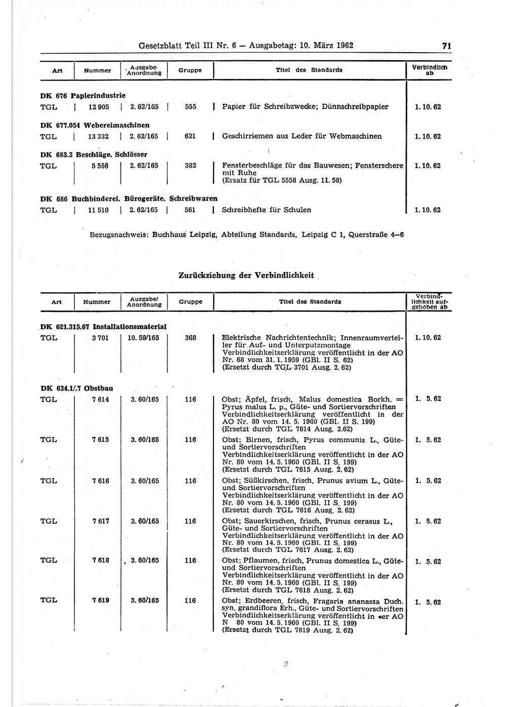 Gesetzblatt (GBl.) der Deutschen Demokratischen Republik (DDR) Teil ⅠⅠⅠ 1962, Seite 71 (GBl. DDR ⅠⅠⅠ 1962, S. 71)