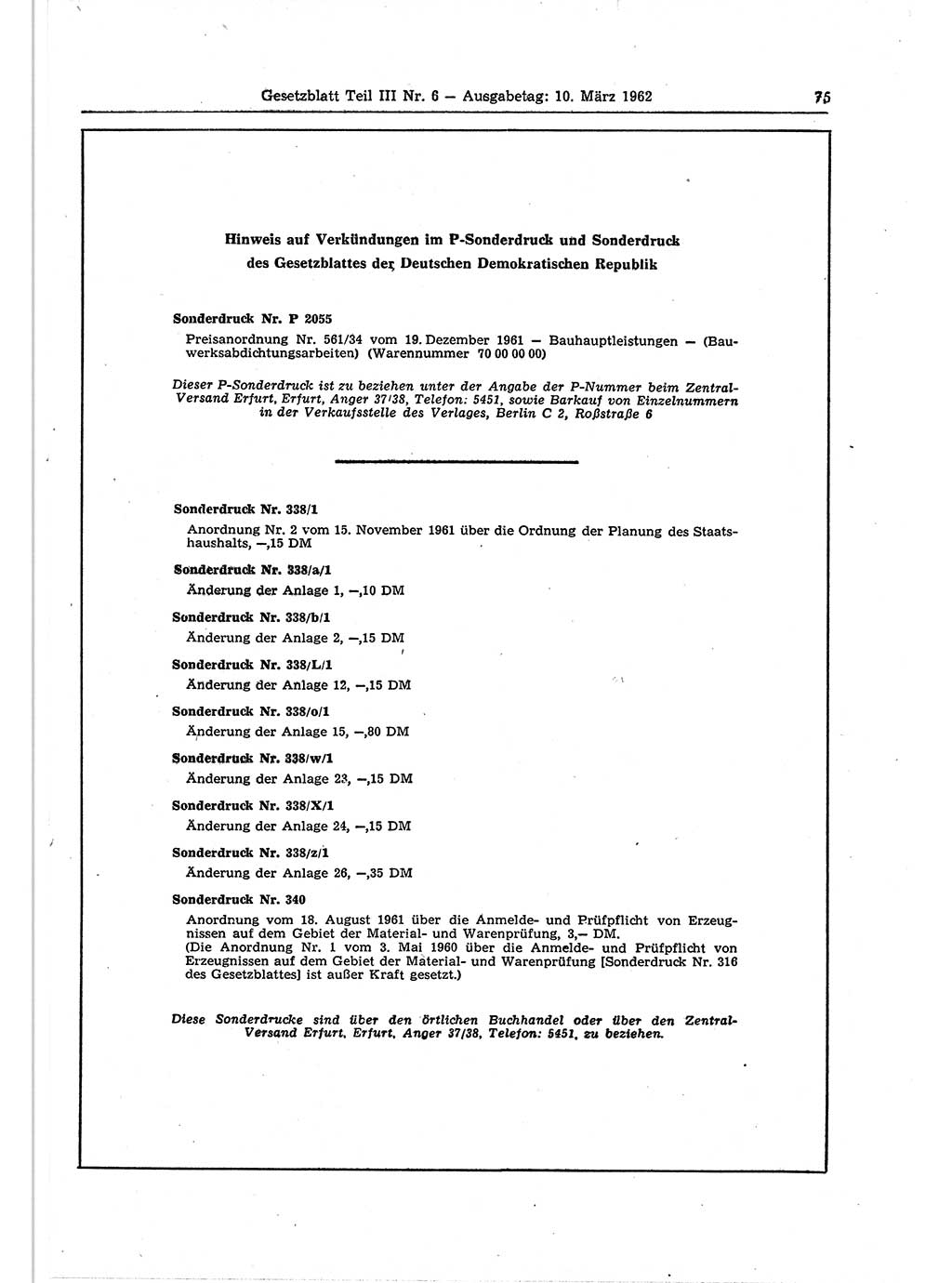 Gesetzblatt (GBl.) der Deutschen Demokratischen Republik (DDR) Teil ⅠⅠⅠ 1962, Seite 75 (GBl. DDR ⅠⅠⅠ 1962, S. 75)
