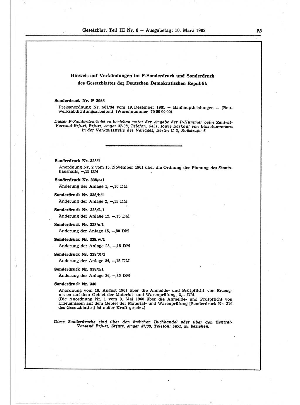 Gesetzblatt (GBl.) der Deutschen Demokratischen Republik (DDR) Teil ⅠⅠⅠ 1962, Seite 75 (GBl. DDR ⅠⅠⅠ 1962, S. 75)