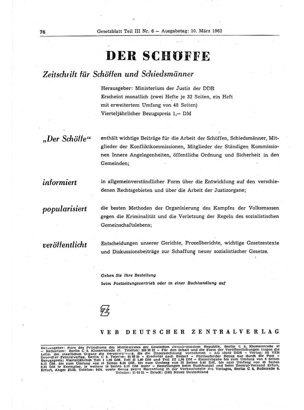Gesetzblatt (GBl.) der Deutschen Demokratischen Republik (DDR) Teil ⅠⅠⅠ 1962, Seite 76 (GBl. DDR ⅠⅠⅠ 1962, S. 76)