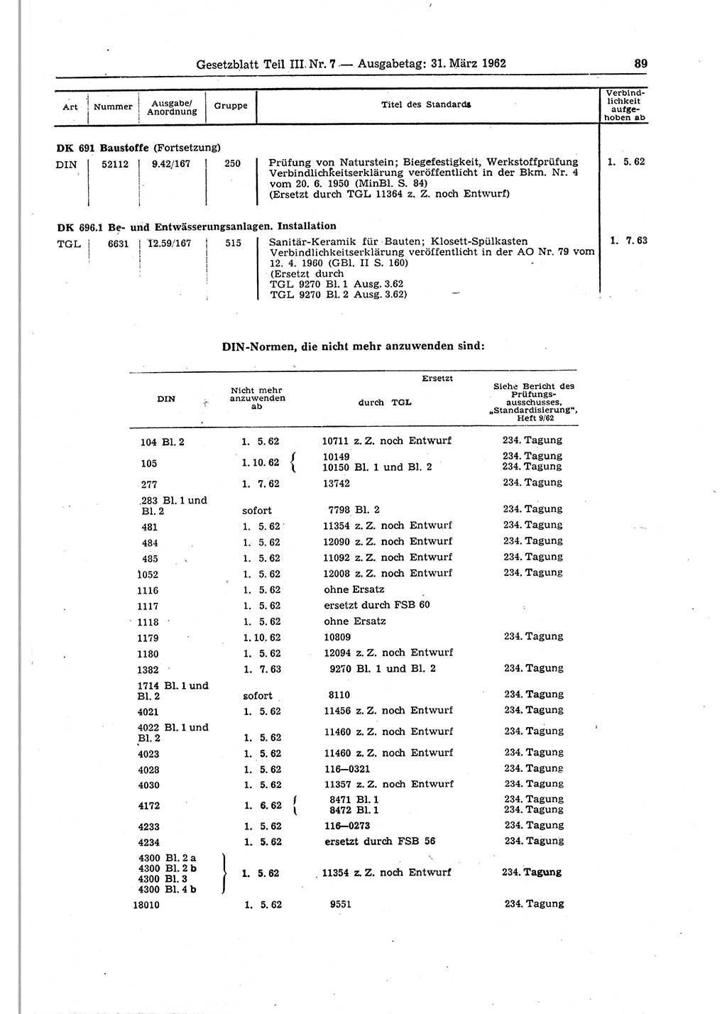 Gesetzblatt (GBl.) der Deutschen Demokratischen Republik (DDR) Teil ⅠⅠⅠ 1962, Seite 89 (GBl. DDR ⅠⅠⅠ 1962, S. 89)