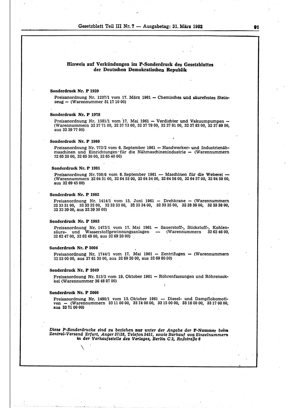 Gesetzblatt (GBl.) der Deutschen Demokratischen Republik (DDR) Teil ⅠⅠⅠ 1962, Seite 91 (GBl. DDR ⅠⅠⅠ 1962, S. 91)