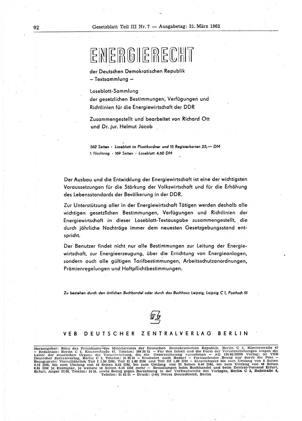 Gesetzblatt (GBl.) der Deutschen Demokratischen Republik (DDR) Teil ⅠⅠⅠ 1962, Seite 92 (GBl. DDR ⅠⅠⅠ 1962, S. 92)