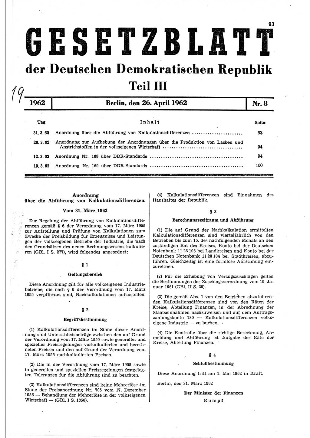 Gesetzblatt (GBl.) der Deutschen Demokratischen Republik (DDR) Teil ⅠⅠⅠ 1962, Seite 93 (GBl. DDR ⅠⅠⅠ 1962, S. 93)