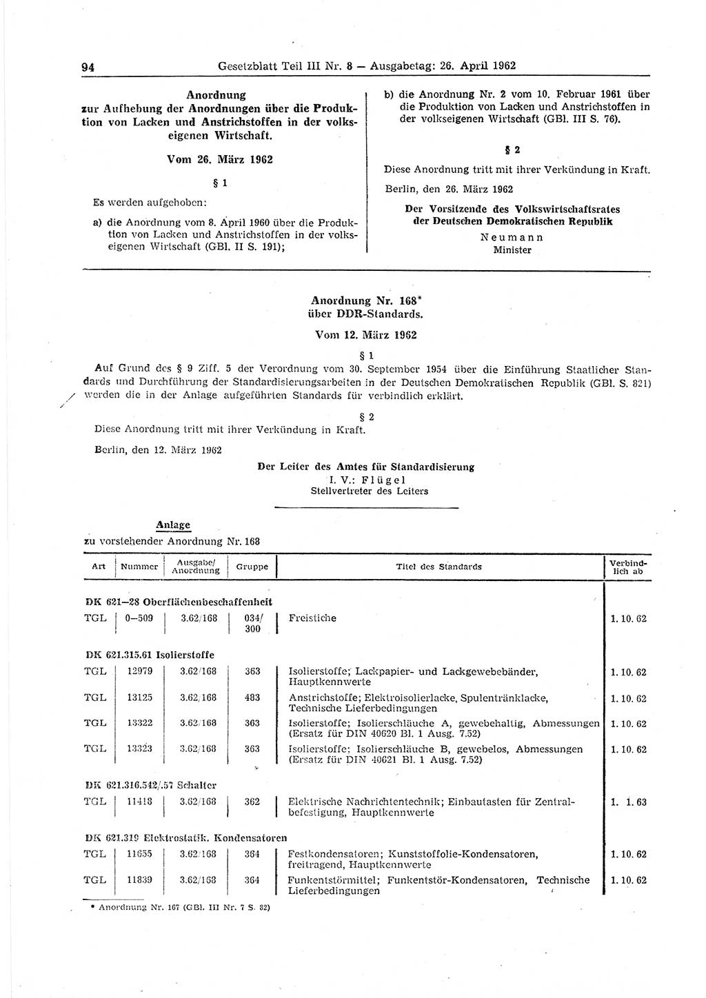 Gesetzblatt (GBl.) der Deutschen Demokratischen Republik (DDR) Teil ⅠⅠⅠ 1962, Seite 94 (GBl. DDR ⅠⅠⅠ 1962, S. 94)