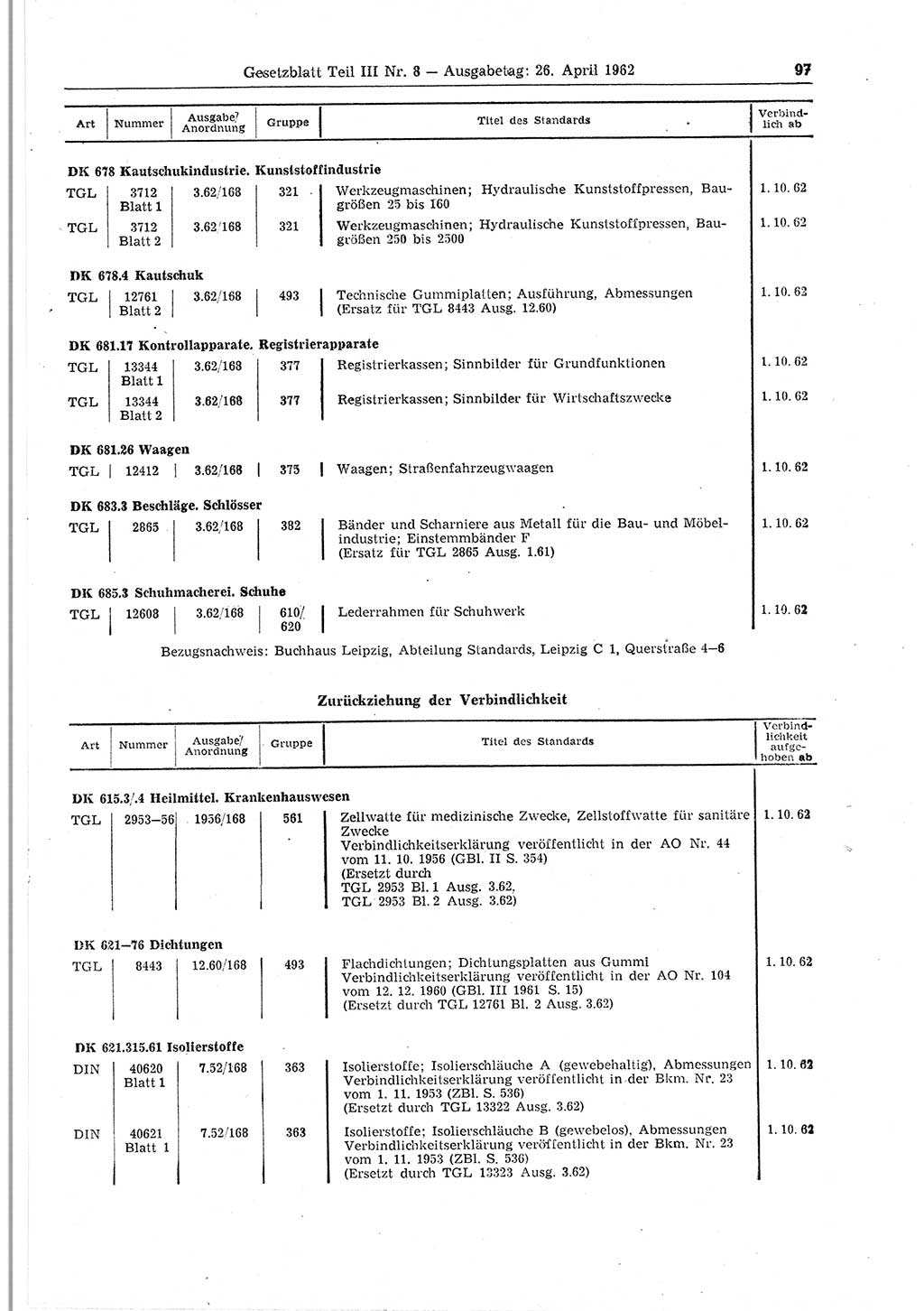 Gesetzblatt (GBl.) der Deutschen Demokratischen Republik (DDR) Teil ⅠⅠⅠ 1962, Seite 97 (GBl. DDR ⅠⅠⅠ 1962, S. 97)
