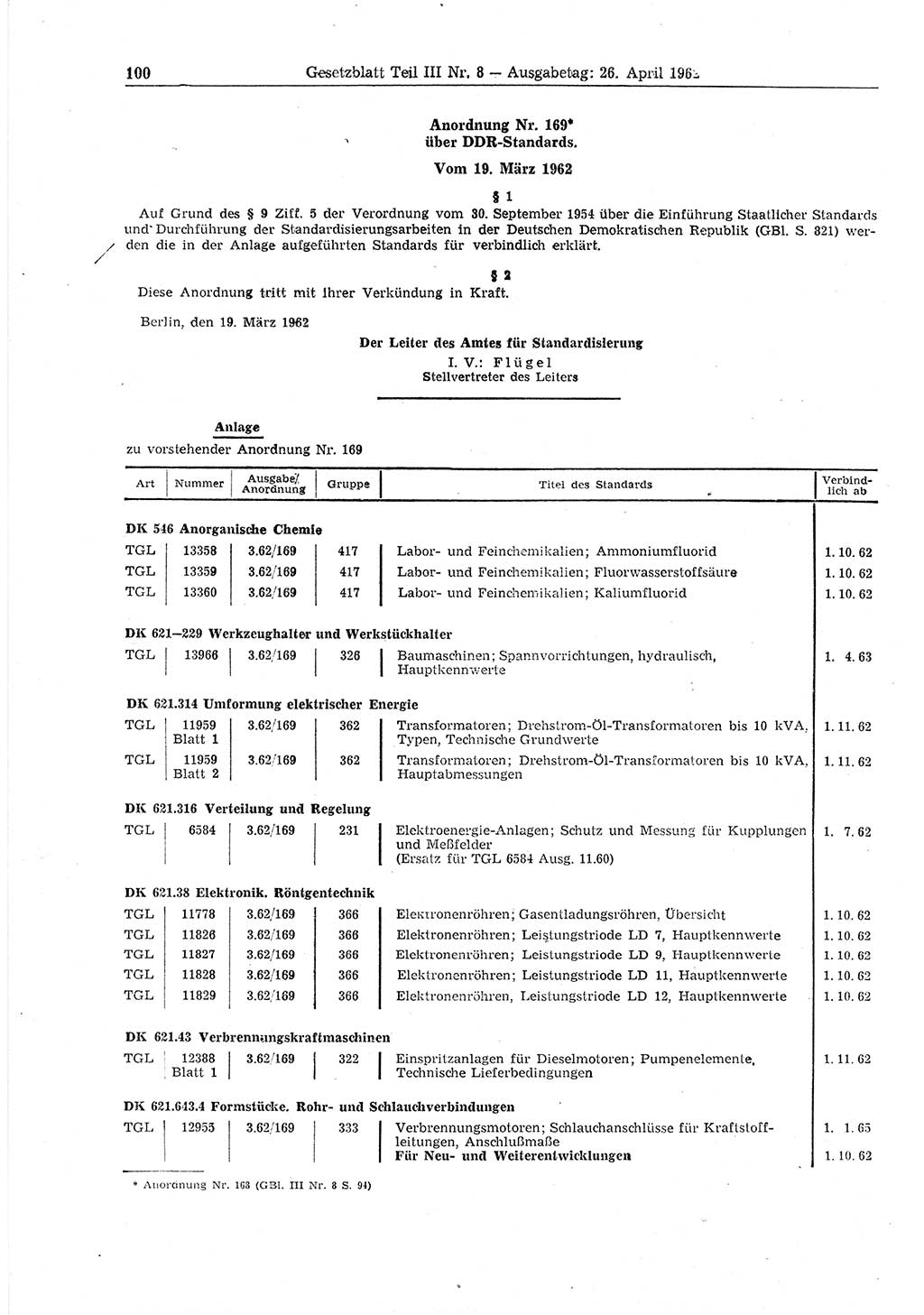 Gesetzblatt (GBl.) der Deutschen Demokratischen Republik (DDR) Teil ⅠⅠⅠ 1962, Seite 100 (GBl. DDR ⅠⅠⅠ 1962, S. 100)