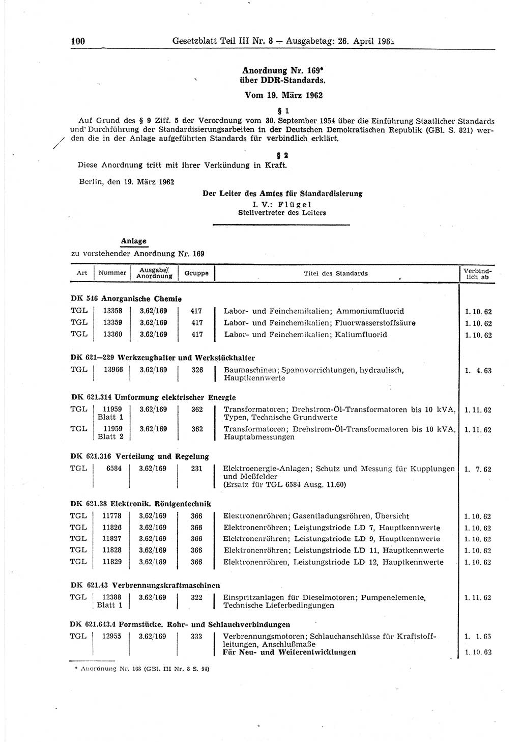Gesetzblatt (GBl.) der Deutschen Demokratischen Republik (DDR) Teil ⅠⅠⅠ 1962, Seite 100 (GBl. DDR ⅠⅠⅠ 1962, S. 100)