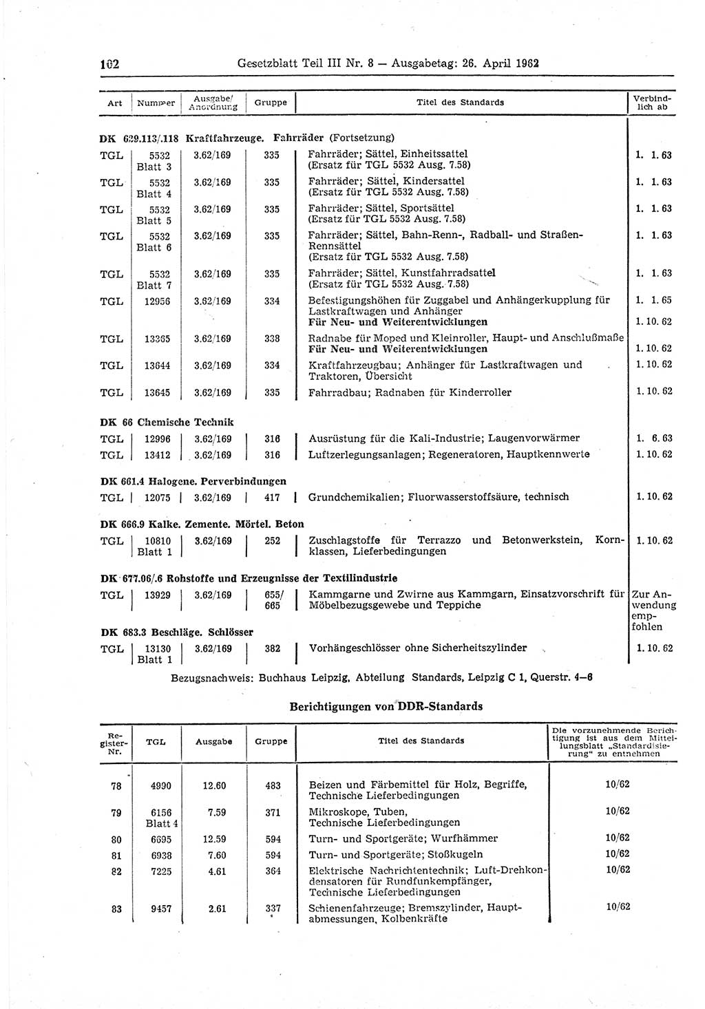 Gesetzblatt (GBl.) der Deutschen Demokratischen Republik (DDR) Teil ⅠⅠⅠ 1962, Seite 102 (GBl. DDR ⅠⅠⅠ 1962, S. 102)