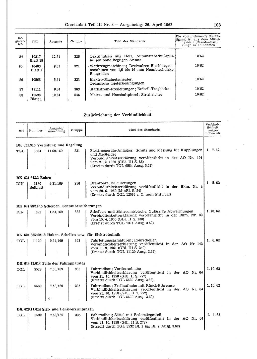 Gesetzblatt (GBl.) der Deutschen Demokratischen Republik (DDR) Teil ⅠⅠⅠ 1962, Seite 103 (GBl. DDR ⅠⅠⅠ 1962, S. 103)