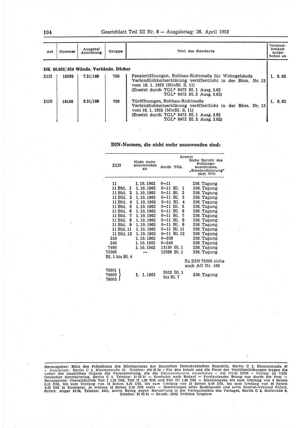 Gesetzblatt (GBl.) der Deutschen Demokratischen Republik (DDR) Teil ⅠⅠⅠ 1962, Seite 104 (GBl. DDR ⅠⅠⅠ 1962, S. 104)