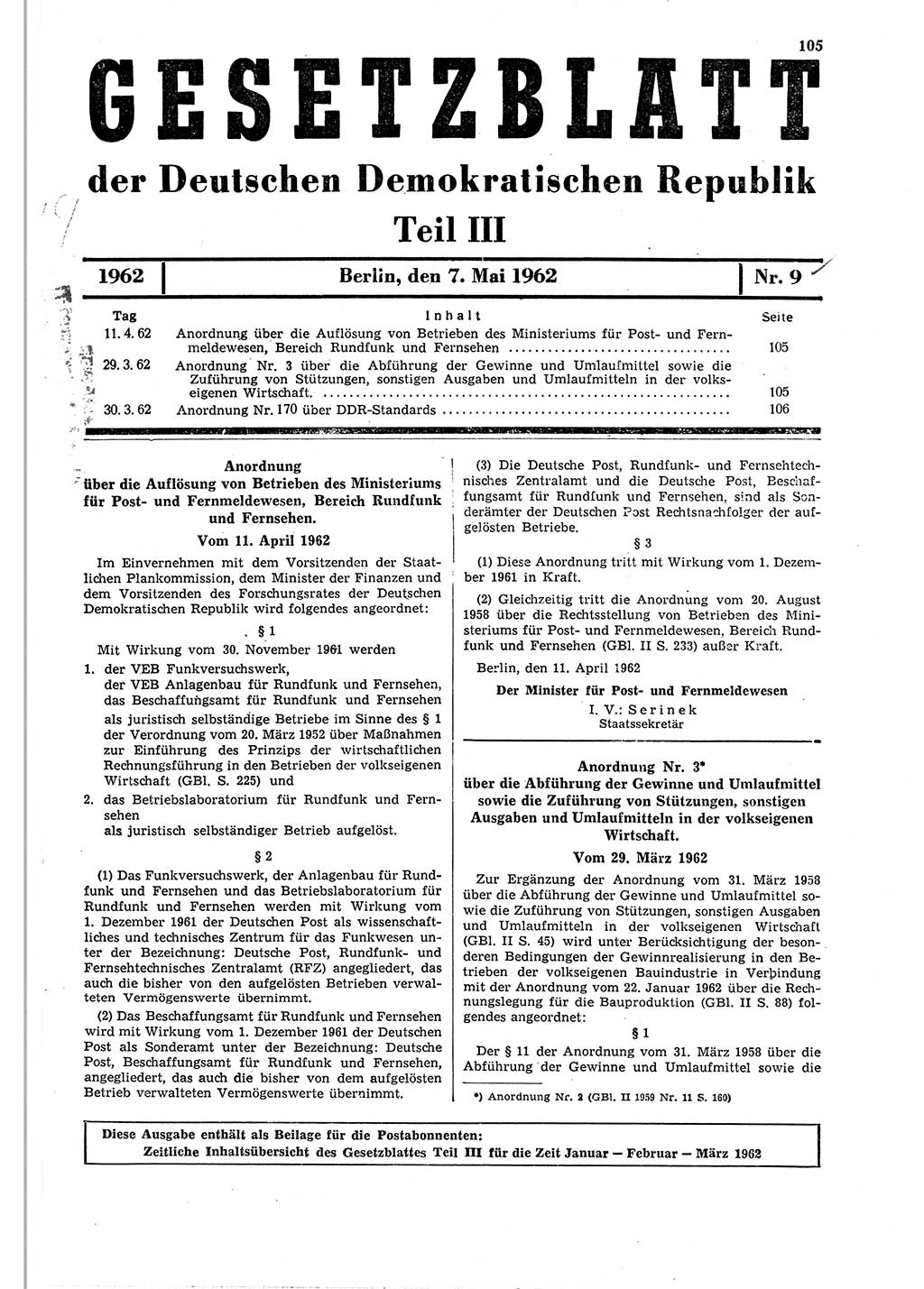 Gesetzblatt (GBl.) der Deutschen Demokratischen Republik (DDR) Teil ⅠⅠⅠ 1962, Seite 105 (GBl. DDR ⅠⅠⅠ 1962, S. 105)