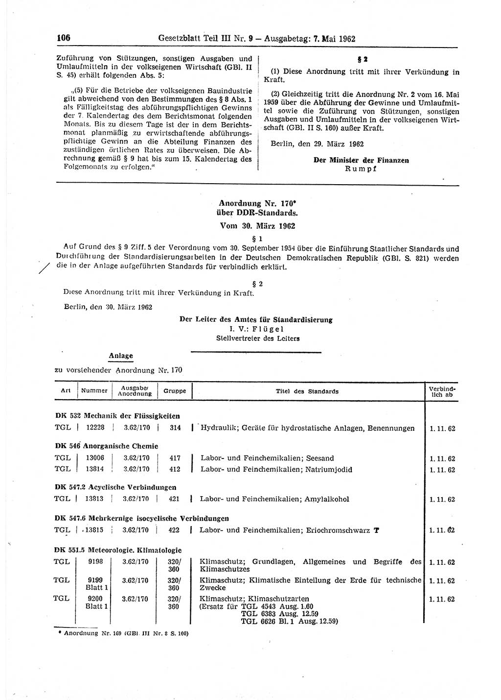 Gesetzblatt (GBl.) der Deutschen Demokratischen Republik (DDR) Teil ⅠⅠⅠ 1962, Seite 106 (GBl. DDR ⅠⅠⅠ 1962, S. 106)