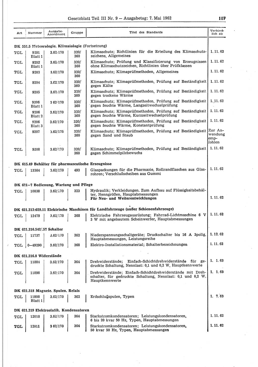 Gesetzblatt (GBl.) der Deutschen Demokratischen Republik (DDR) Teil ⅠⅠⅠ 1962, Seite 107 (GBl. DDR ⅠⅠⅠ 1962, S. 107)