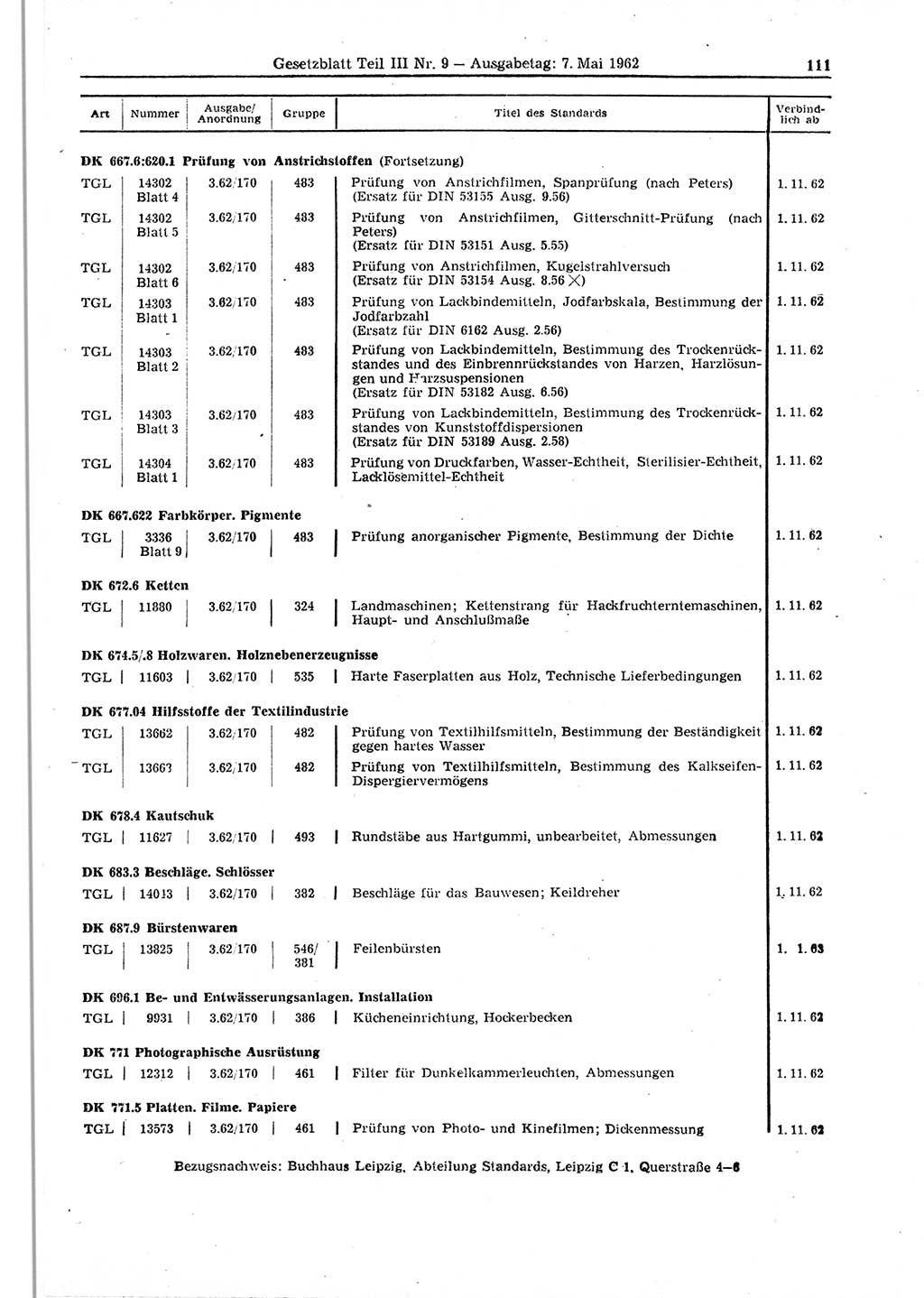 Gesetzblatt (GBl.) der Deutschen Demokratischen Republik (DDR) Teil ⅠⅠⅠ 1962, Seite 111 (GBl. DDR ⅠⅠⅠ 1962, S. 111)