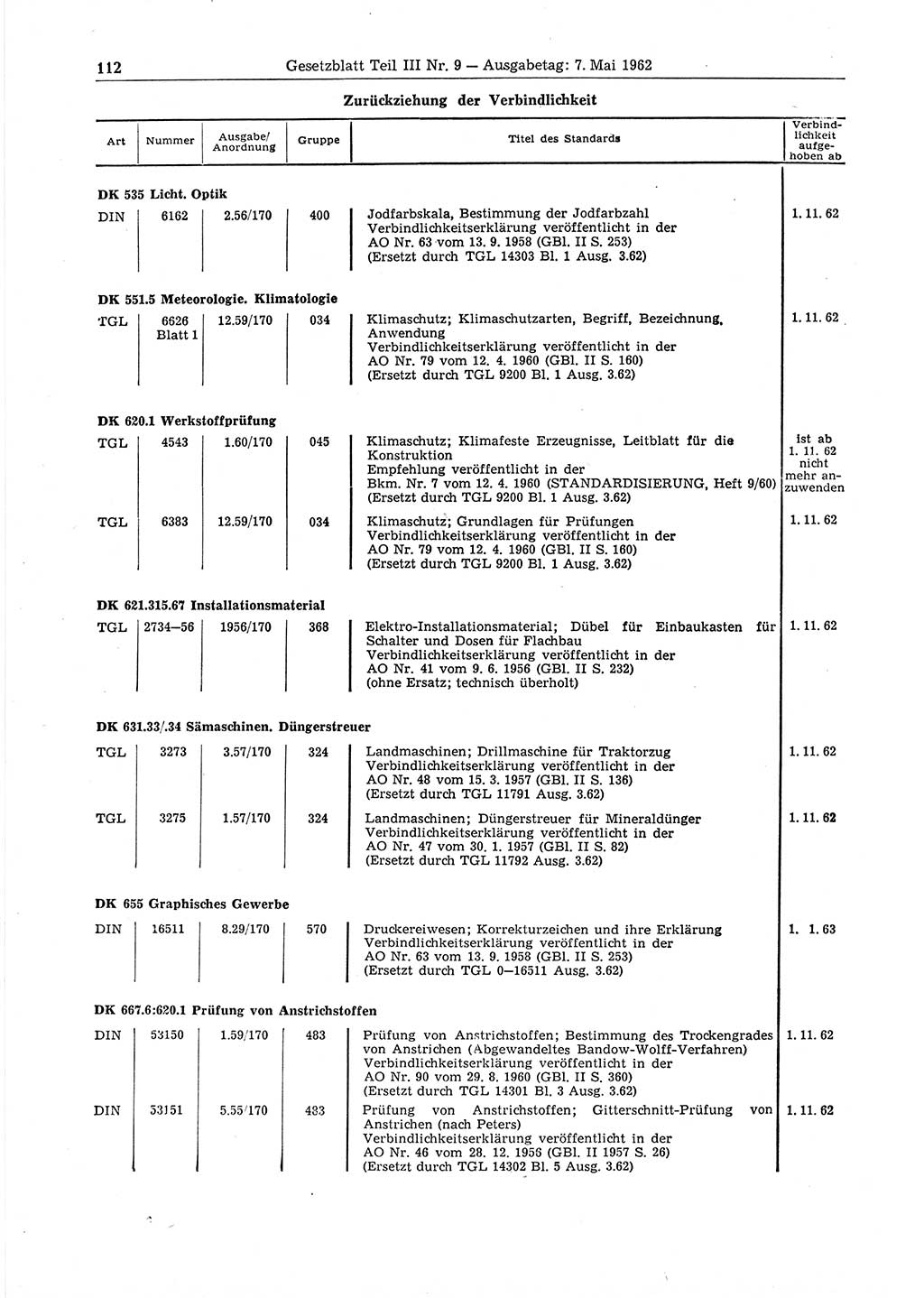 Gesetzblatt (GBl.) der Deutschen Demokratischen Republik (DDR) Teil ⅠⅠⅠ 1962, Seite 112 (GBl. DDR ⅠⅠⅠ 1962, S. 112)